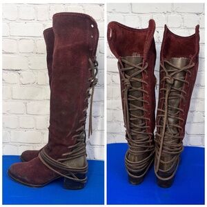|•FREEBIRD BY STEVEN•| Burgundy Wine Suede COAL Lace Up Back Knee High Boots